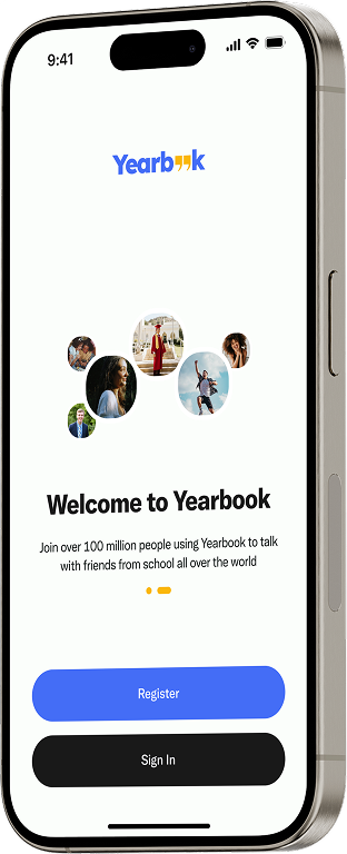 Yearbook welcome screen on an iPhone: friend avatars above Register and Sign in